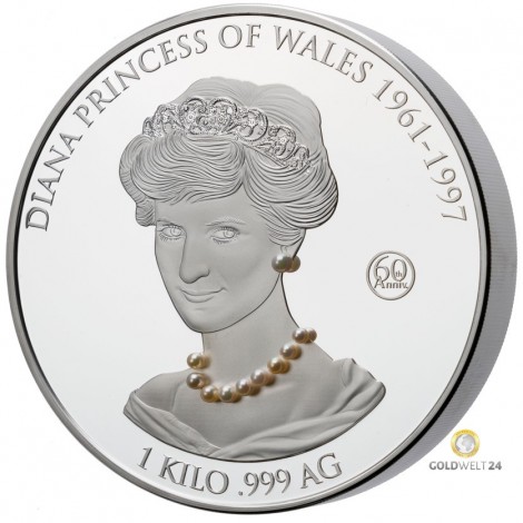 1 kg Silber Lady Diana m. Perlenkette Prooflike